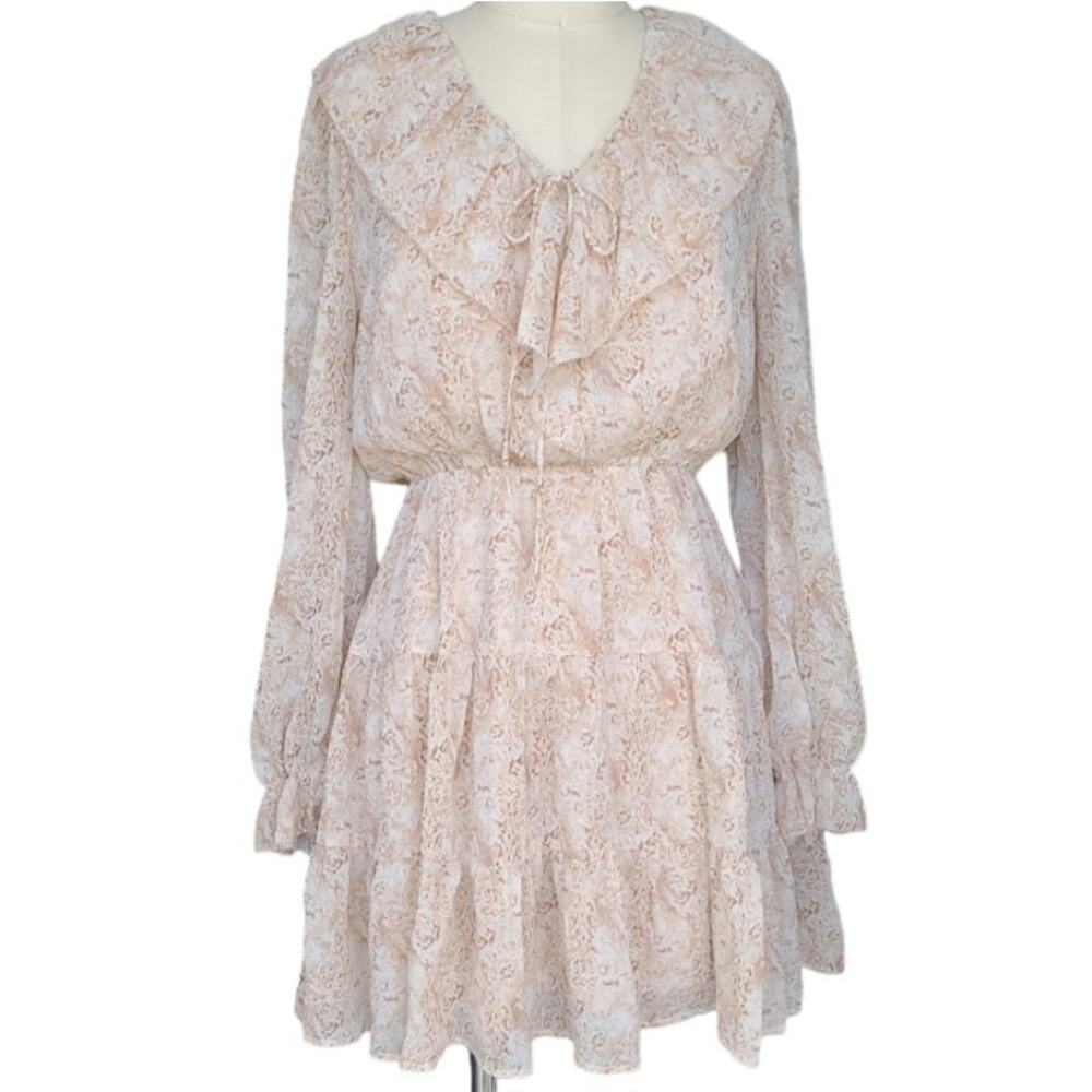 NWT Grade & Gather Cream Boho Coquette Shimmer LS Mini Dress M Wedding Guest